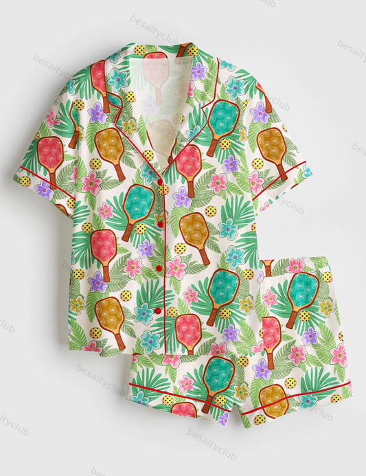 Tropical Pickleball Fun Vibrant Floral Game Day Sports Short Sleeve Satin Pajama Set