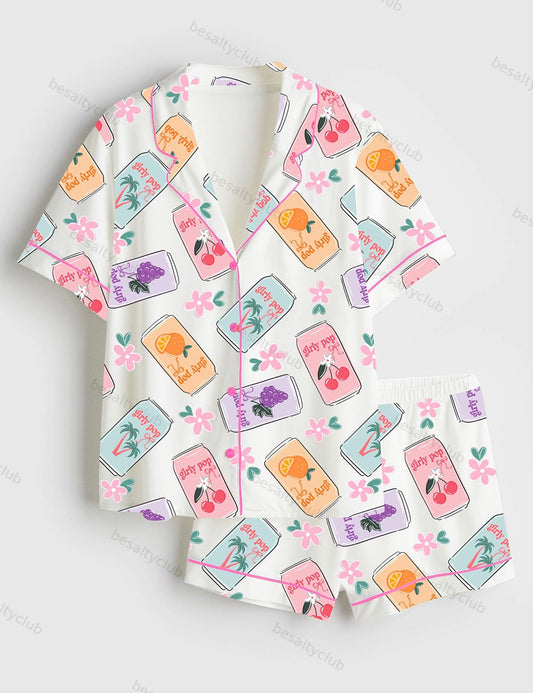 Girly Soda Pop Pink Fruity Summer Cherry Soda Surface Pattern Short Sleeve Satin Pajama Set