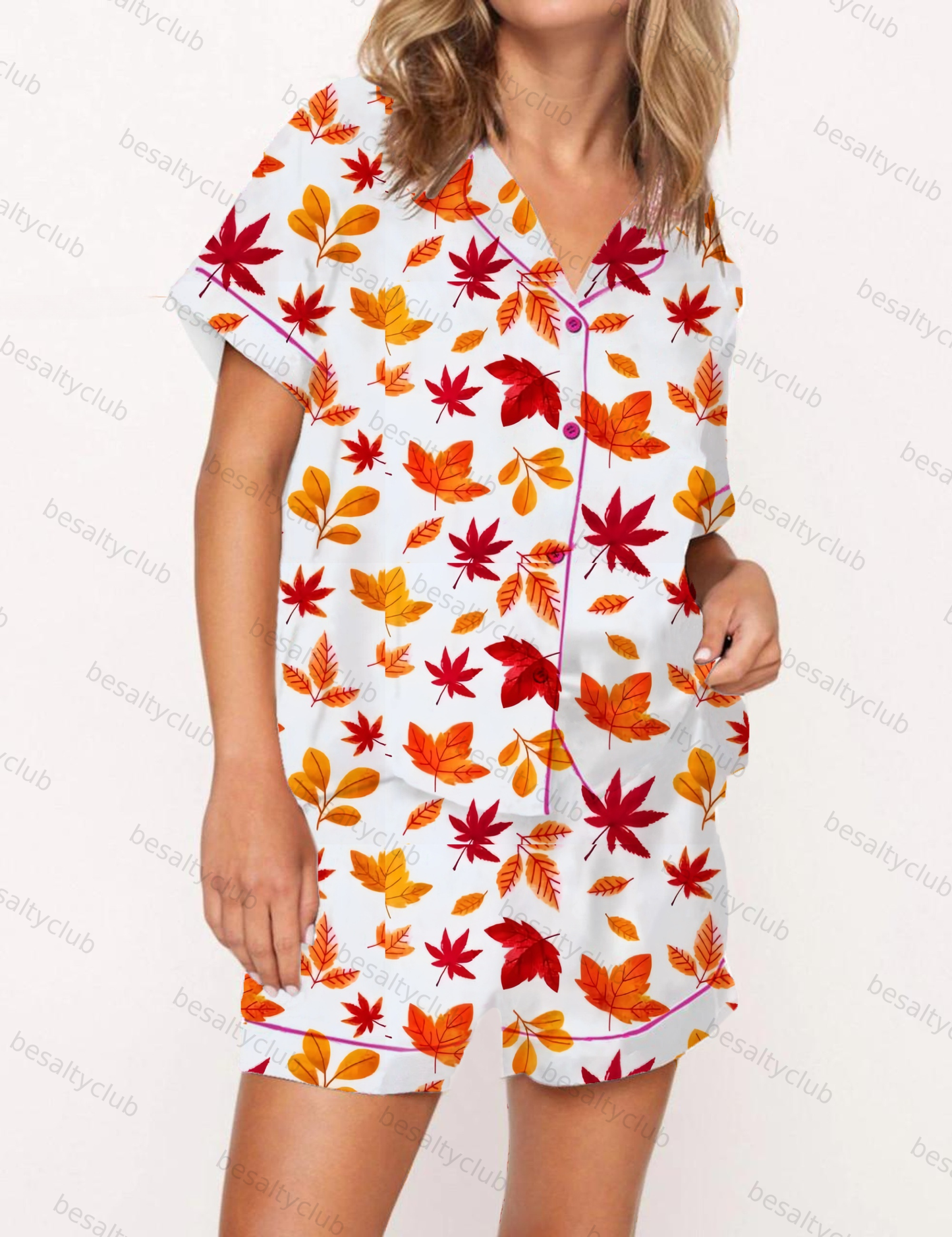 Leaves Pattern Satin Pajama Short Set