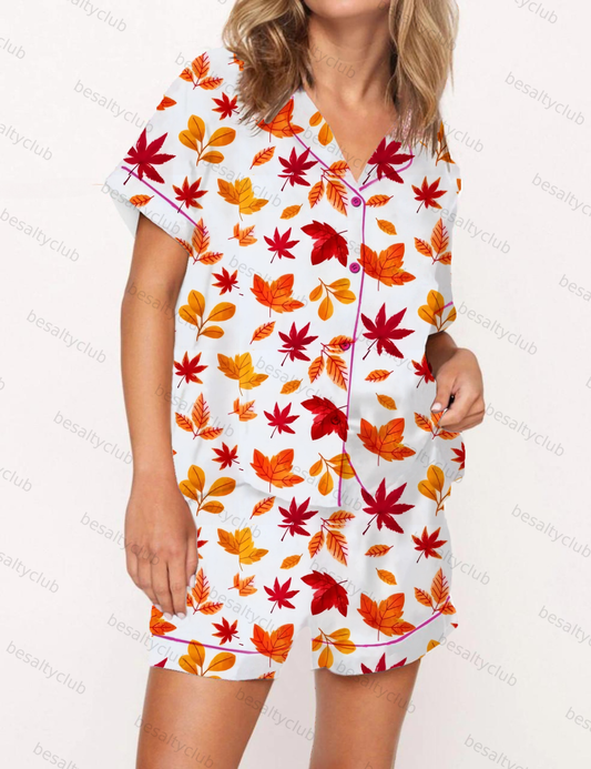 Leaves Pattern Satin Pajama Short Set