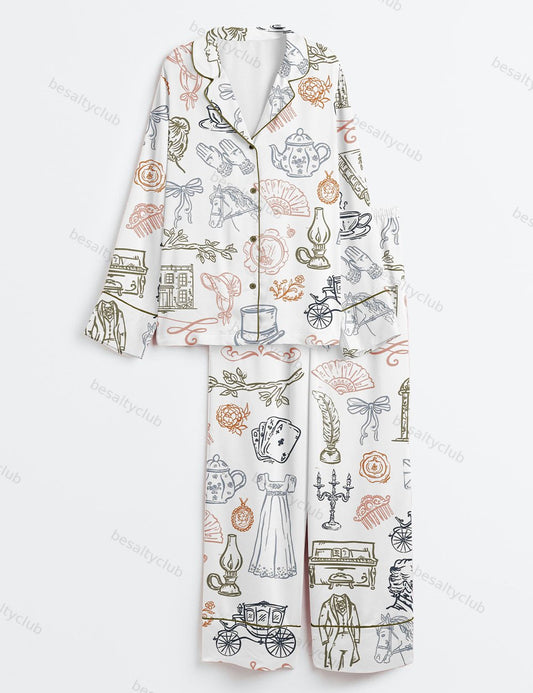 Pride & Prejudice Jane Austen Inspired Bridgerton Long Sleeve Satin Pajama Set