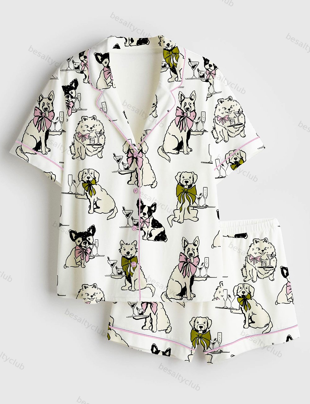Festival Martini Drinks Clip Hand Drawn Martini Glass With Bartender Dog Print Short Sleeve Satin Pajama Set