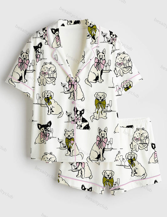 Festival Martini Drinks Clip Hand Drawn Martini Glass With Bartender Dog Print Short Sleeve Satin Pajama Set