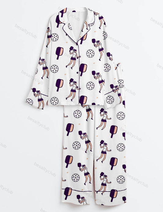 Pickleball Pattern Play Long Sleeve Satin Pajama Set