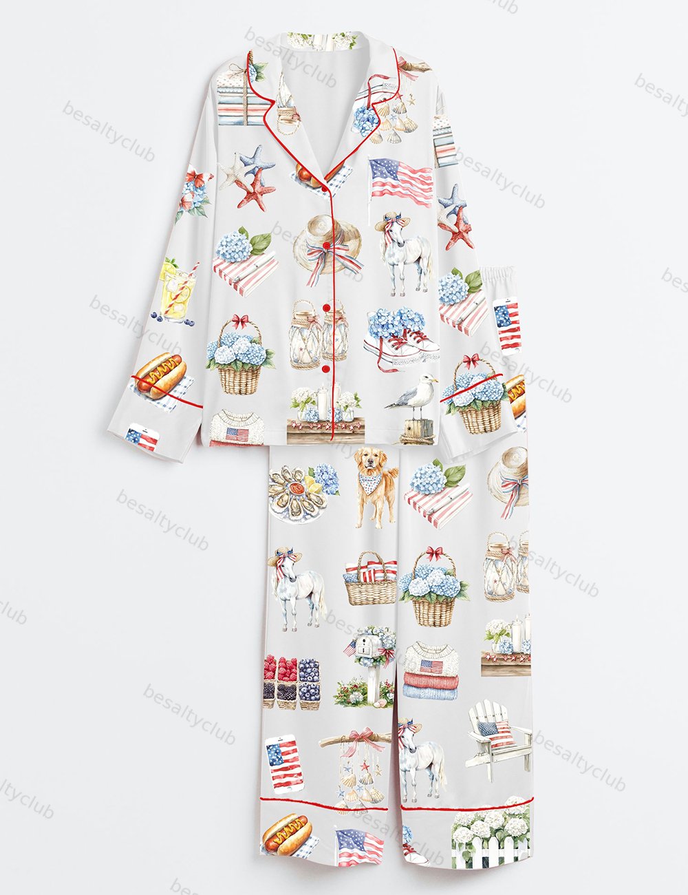 Watercolor Hello July Independence Day 4th of July Patriotic America Print Long Sleeve Satin Pajama Set