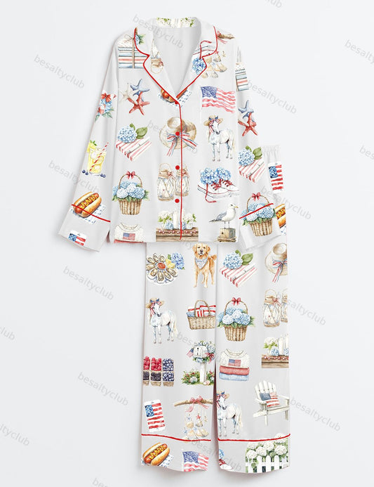 Watercolor Hello July Independence Day 4th of July Patriotic America Print Long Sleeve Satin Pajama Set