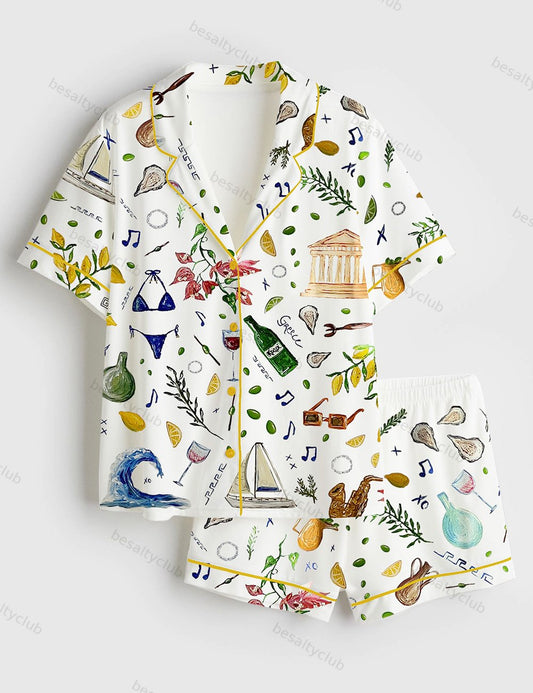 Summer Print Short Sleeve Satin Pajama Set