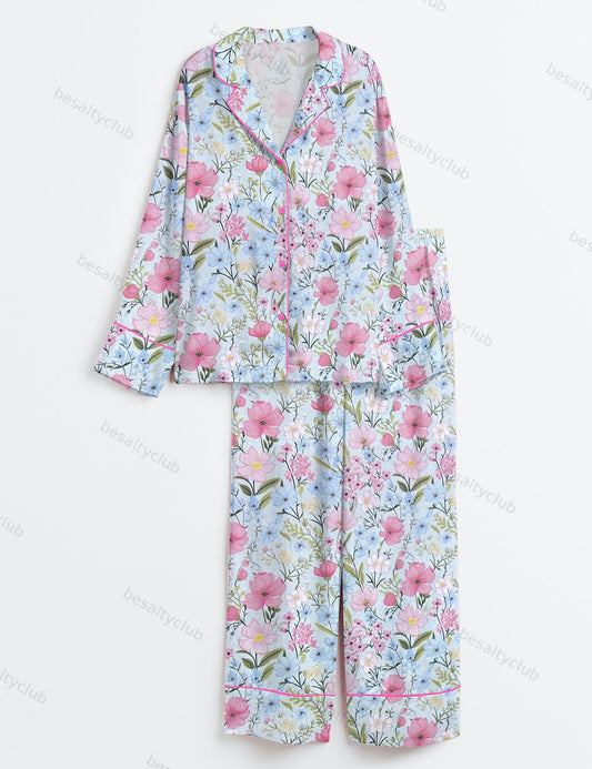 Flower Garden Long Sleeve Satin Pajama Set