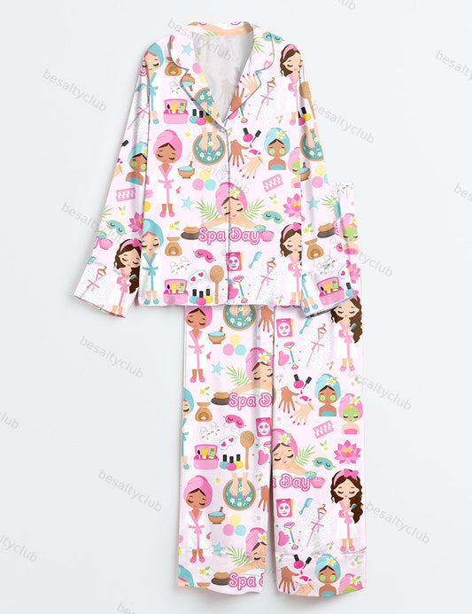 Spa Day Cute Spa Girl Self Care Spa Birthday Manicure Pedicure Mani Pedi Print Long Sleeve Satin Pajama Set