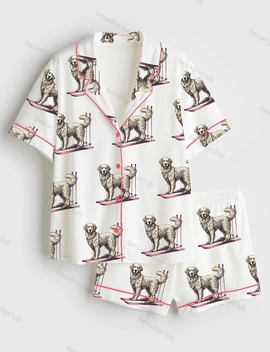 Golden Retriever Skiing Short Sleeve Satin Pajama Set