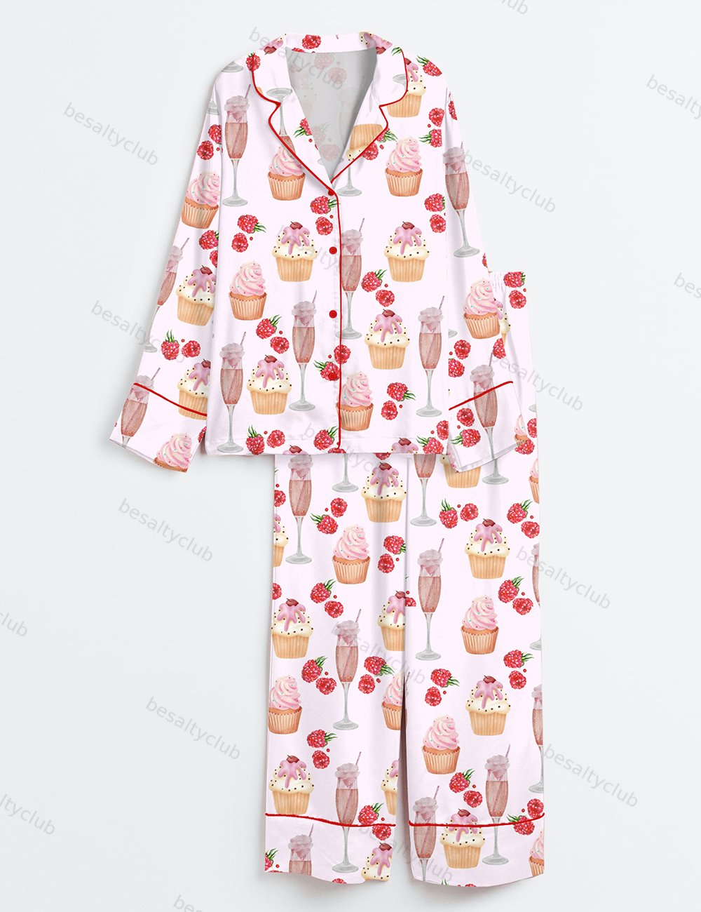 Pink Champagne Cup Cake Raspberry Picnic Party Long Sleeve Satin Pajama Set
