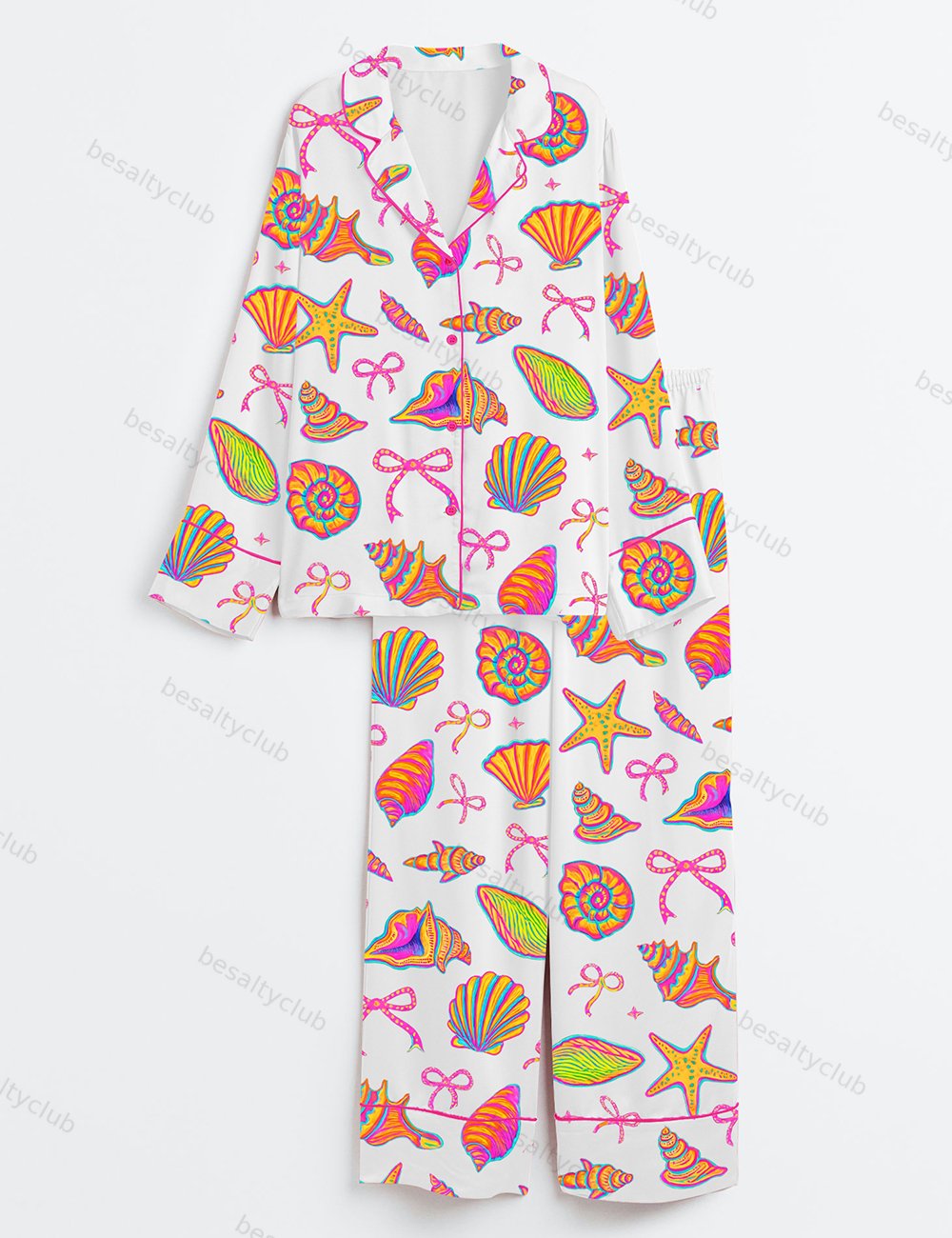 Coquette Seashell Beach Coastal Retro Summer Vibes Print Long Sleeve Satin Pajama Set