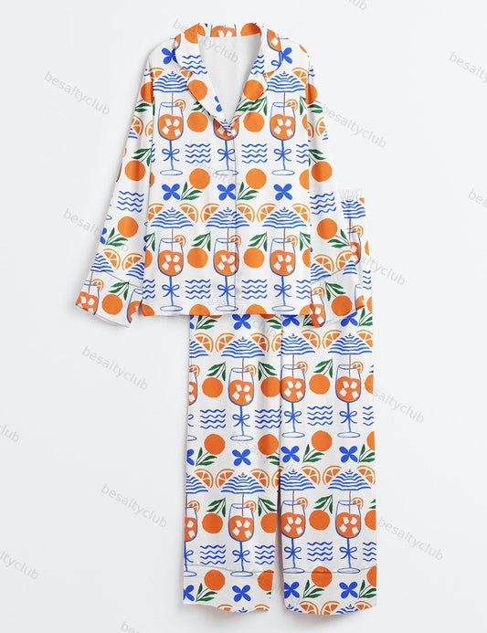 Looking Forward To An Aperol Spritz On A Summer Beach Long Sleeve Satin Pajama Set