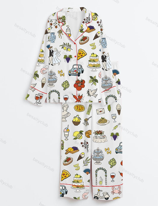 Italian Wedding Whimsical Tuscany La Dolce Vita Wedding Colorful Italy Wedding Long Sleeve Satin Pajama Set