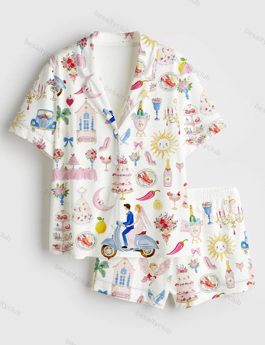 Whimsical Wedding Pastel Bride Groom Cake Bouquet Food Short Sleeve Satin Pajama Set