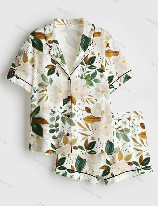 Romantic Magnolia Floral Short Sleeve Satin Pajama Set