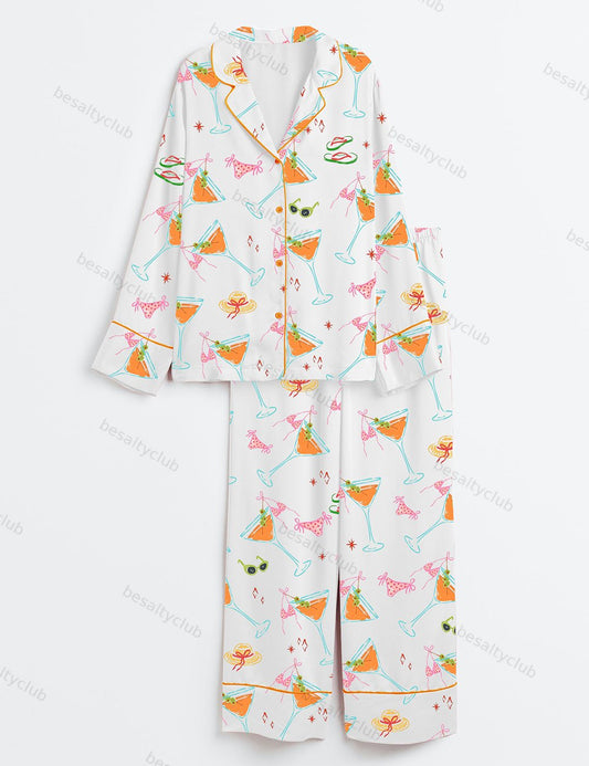 Bikinis And Martinis Bachelorette Party Cape Cod Girls Trip Summer Beach Print Long Sleeve Satin Pajama Set