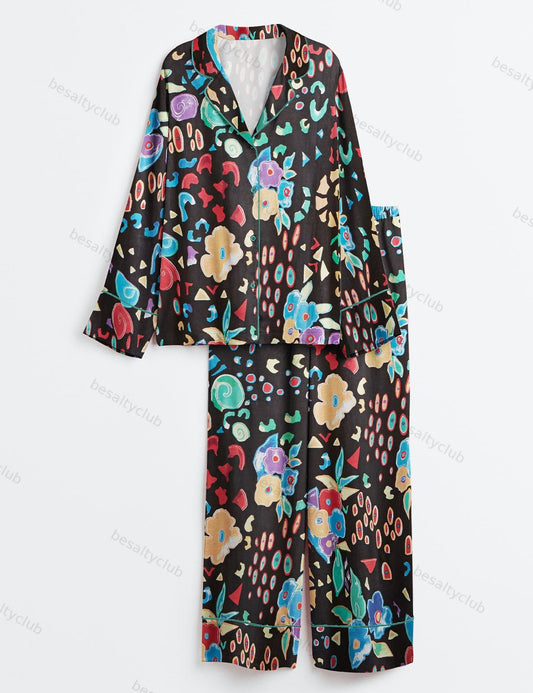 Fruits and Flowers Long Sleeve Satin Pajama Set