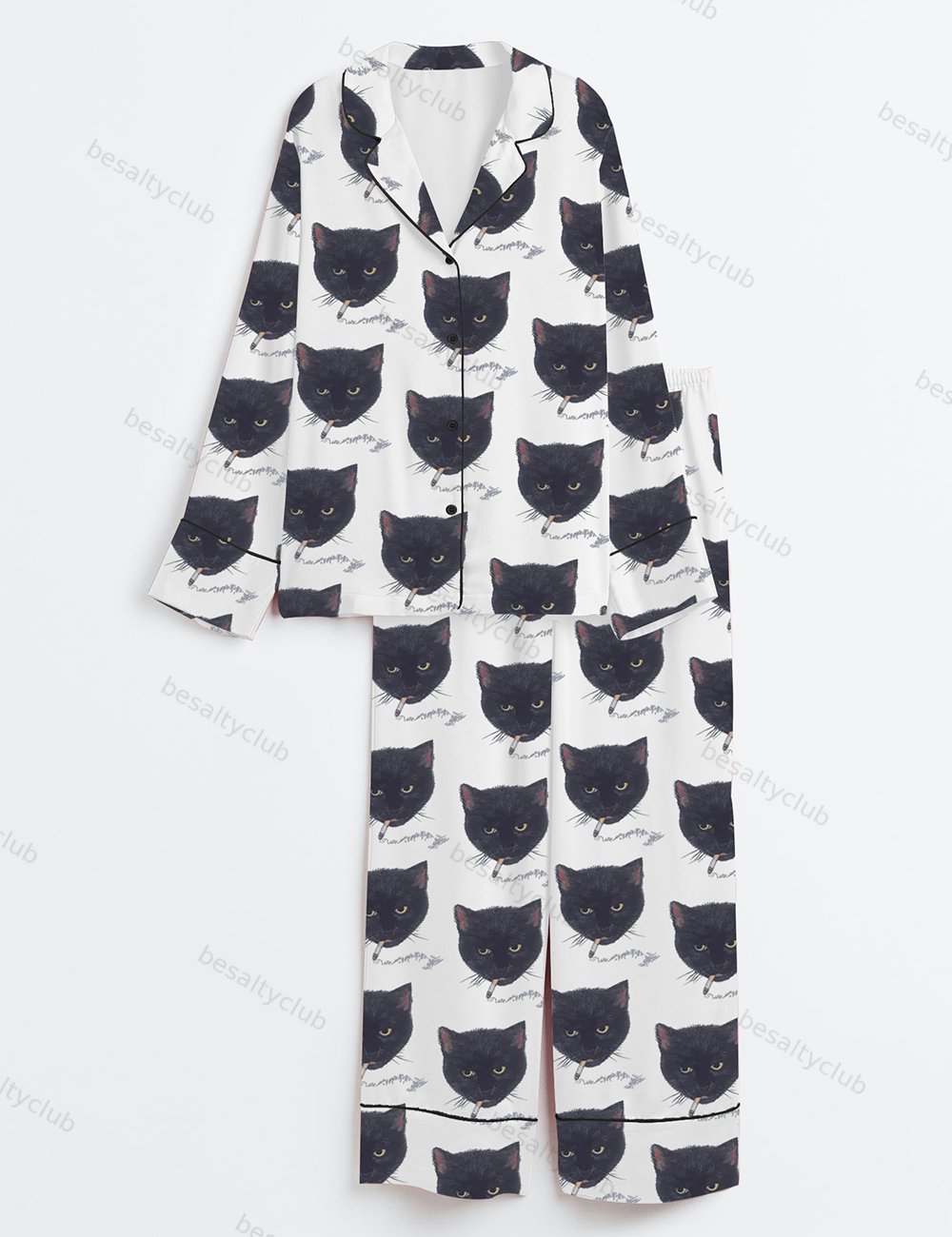 Smoking Cat Long Sleeve Satin Pajama Set