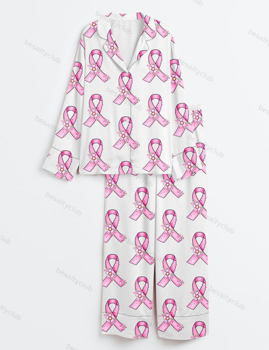 Pink Ribbon Breast Cancer Awareness Garden Flowers Faith Hope Love Print Long Sleeve Satin Pajama Set