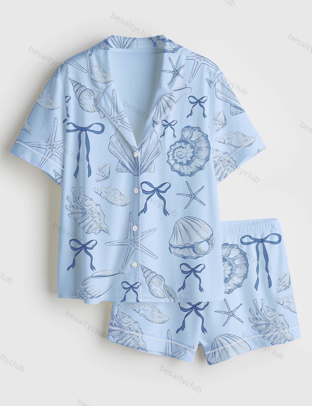 Coquette Seashell Beach Coastal Summer Vibes Bachelorette Short Sleeve Satin Pajama Set