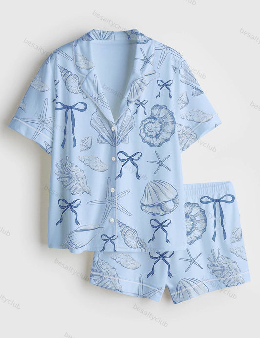 Coquette Seashell Beach Coastal Summer Vibes Bachelorette Short Sleeve Satin Pajama Set