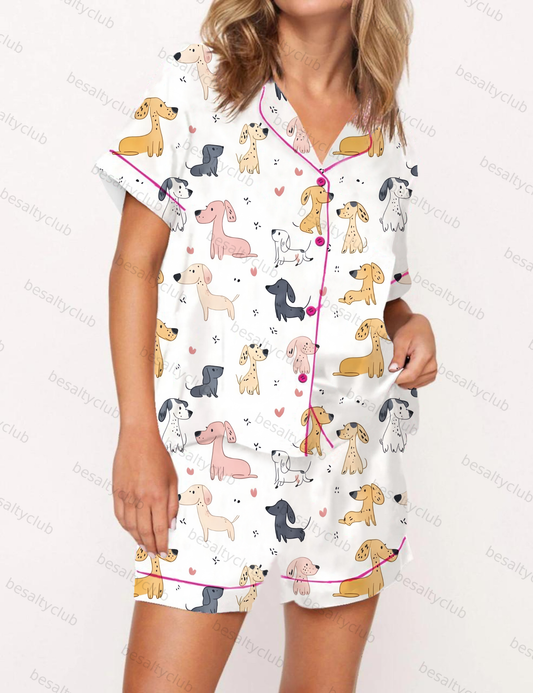 Cute Cartoon Dachshund Pattern Satin Pajama Short Set