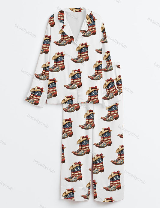 Coquette Cowgirl 4th Of July Cowgirl Boots America Western Long Sleeve Satin Pajama Set