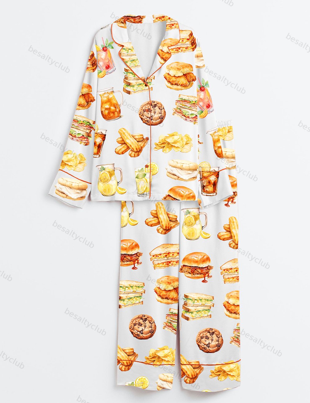 Fast Food Cheese Hamburger Cocktails Cookie Tasty Food Print Long Sleeve Satin Pajama Set