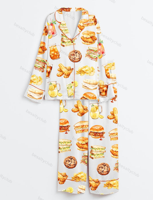 Fast Food Cheese Hamburger Cocktails Cookie Tasty Food Print Long Sleeve Satin Pajama Set
