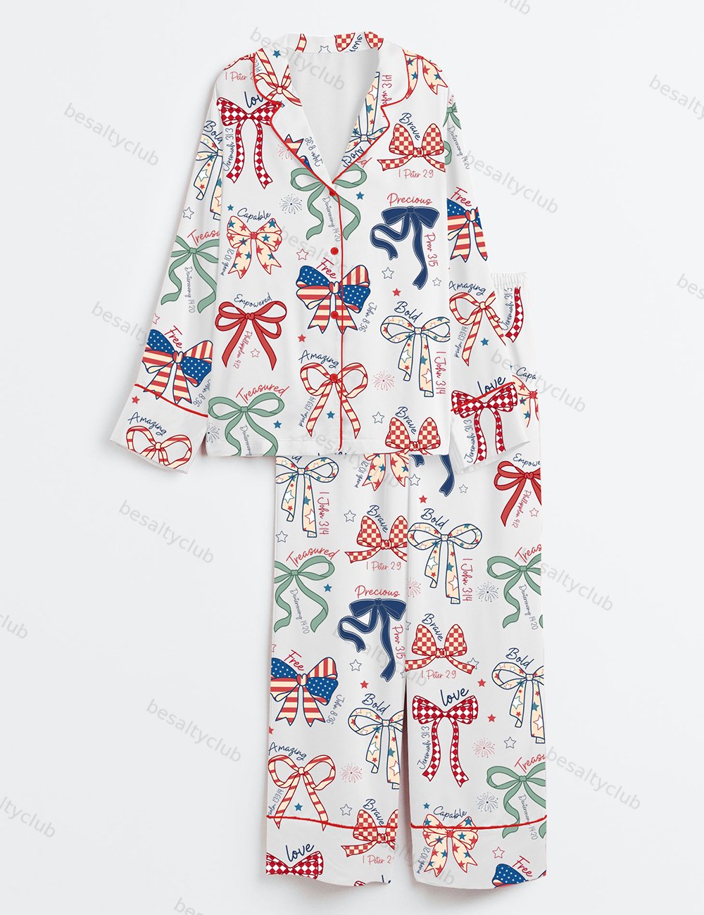 America Coquette USA 4th Of July Girly Patriotic Independence Day Print Long Sleeve Satin Pajama Set