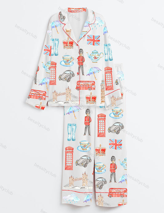 Watercolor London Art City Bus Sightseen Bridge Telephone Long Sleeve Satin Pajama Set