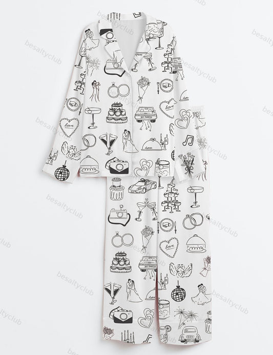Whimsical Hand Drawn Wedding Timeline Icons Champagne Wedding Print Long Sleeve Satin Pajama Set
