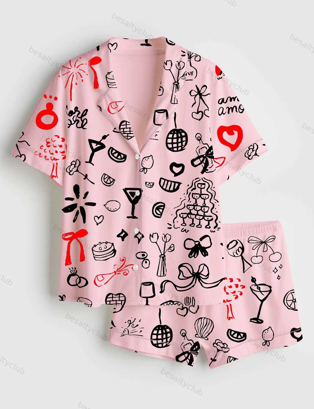 Bachelorette Hand Drawn Wedding Icons Great Bridal Short Sleeve Satin Pajama Set