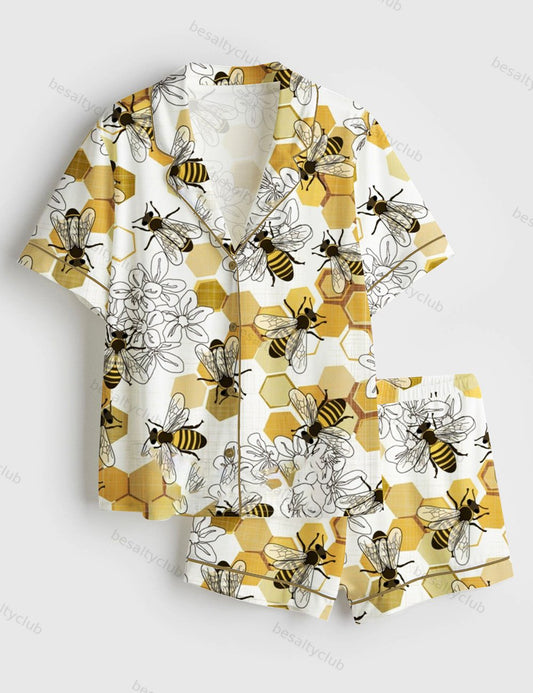 Save The Honey Bees Short Sleeve Satin Pajama Set