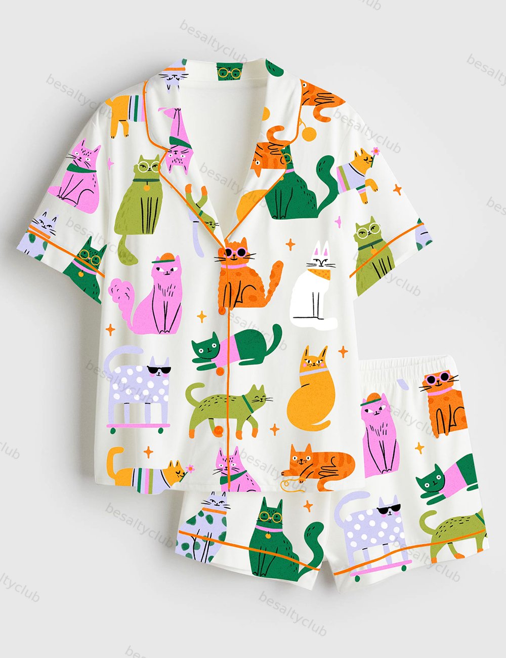 Colorful Cat Art Print Short Sleeve Satin Pajama Set