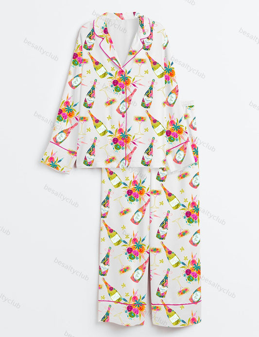 Floral Wine Lover Long Sleeve Satin Pajama Set