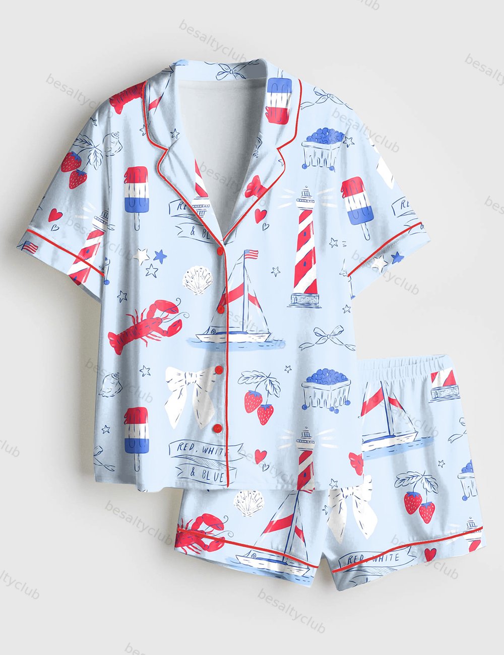 Summer Americana East Coast Red White And Blue Patriotic 4th Of July Short Sleeve Satin Pajama Set