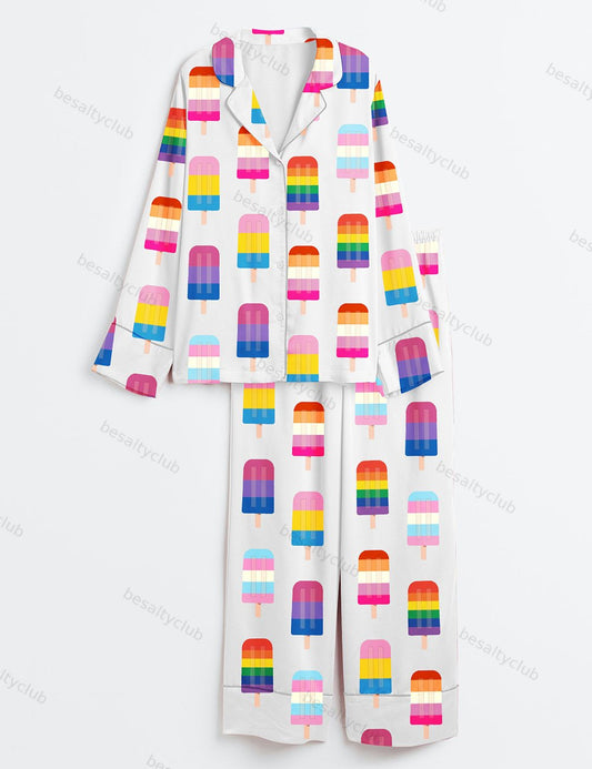 LGBT Rainbow Popsicles LGBTQ Pride Rainbow Ice Cream Pride Month Print Long Sleeve Satin Pajama Set