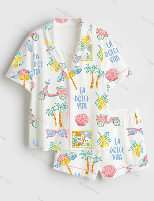Summer Italian Beach Short Sleeve Satin Pajama Set