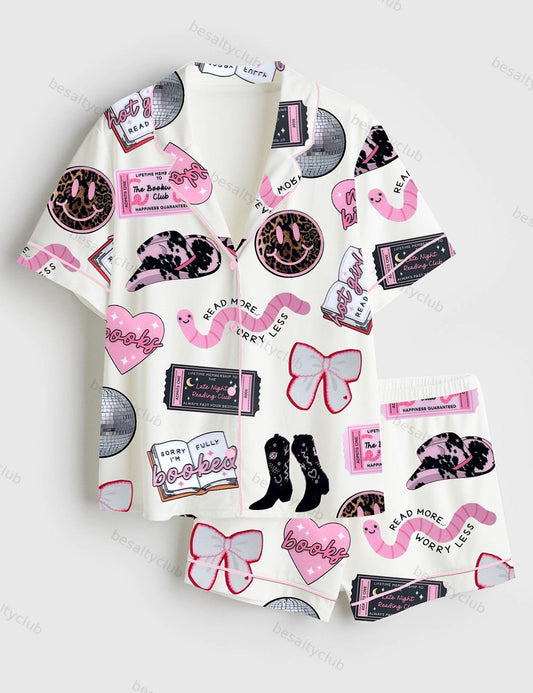 Disco Ball Cherries Smiley Bookworm Short Sleeve Satin Pajama Set