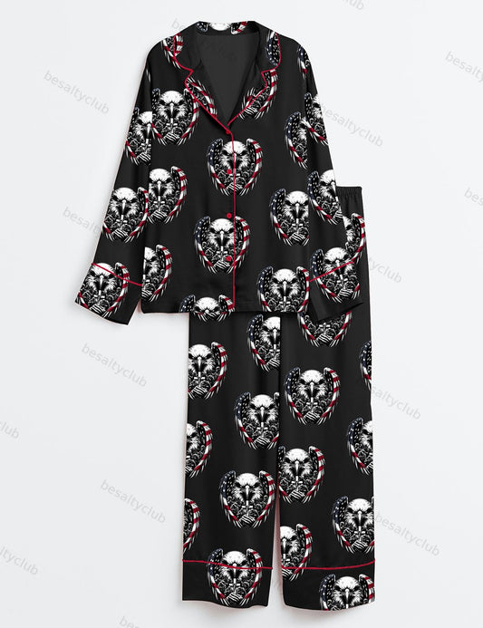 American Flag Eagle 4th Of July  Eagle Through Flag Memorial Day Print Long Sleeve Satin Pajama Set