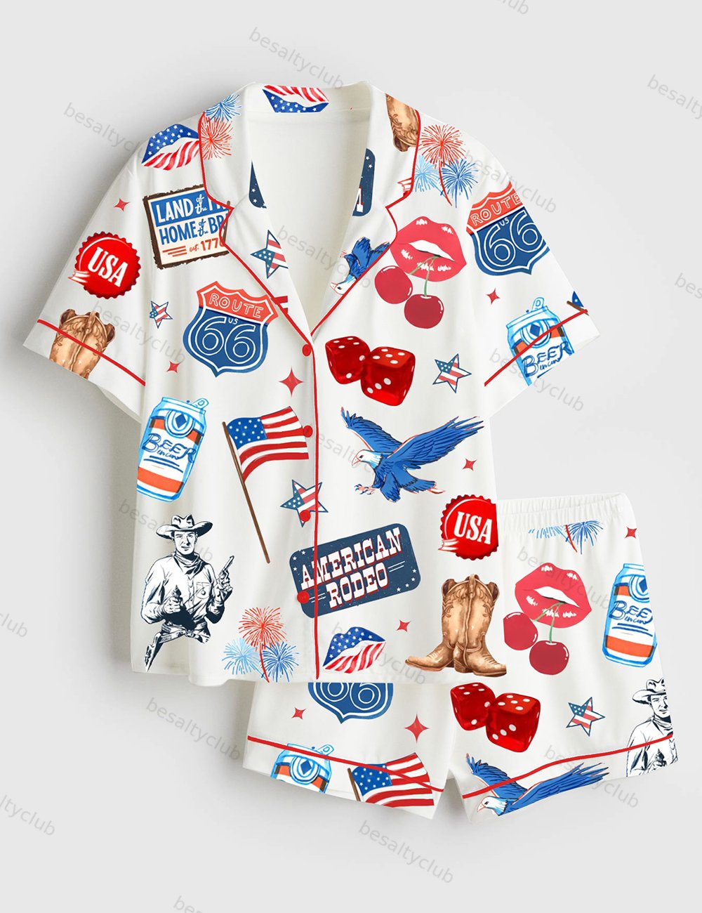 Western 4th Of July Independence Day Short Sleeve Satin Pajama Set