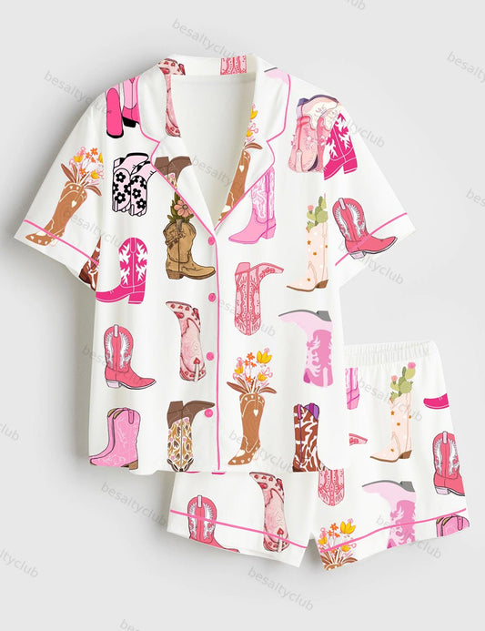 Colorful Cowboy Boot Flowers Short Sleeve Satin Pajama Set