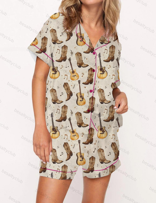 Cowboy Boots Print Satin Pajama Short Set