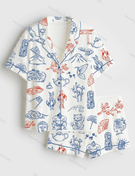 Japanese Whimsical Style Short Sleeve Satin Pajama Set