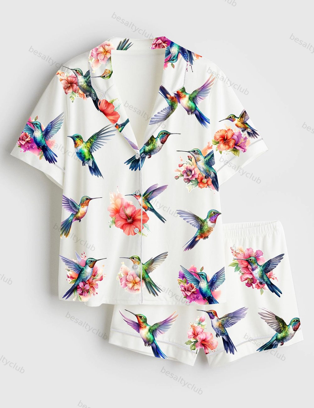 Watercolor Hummingbirds Short Sleeve Satin Pajama Set