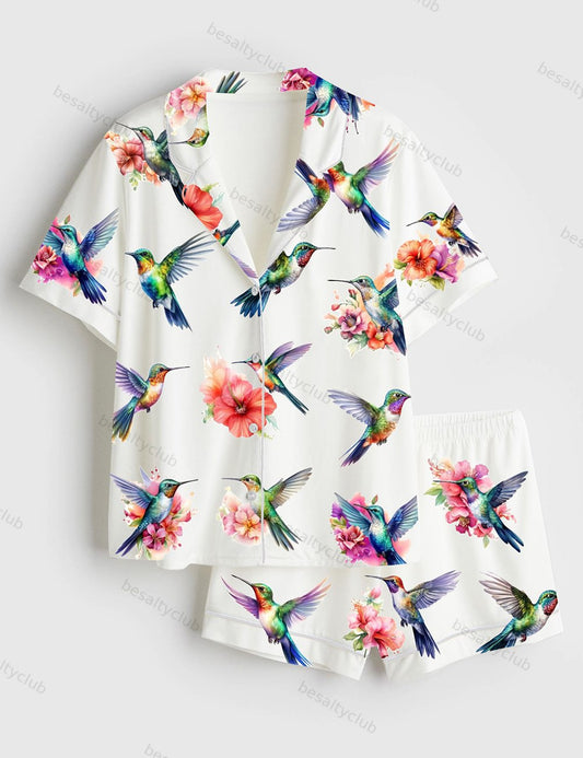 Watercolor Hummingbirds Short Sleeve Satin Pajama Set