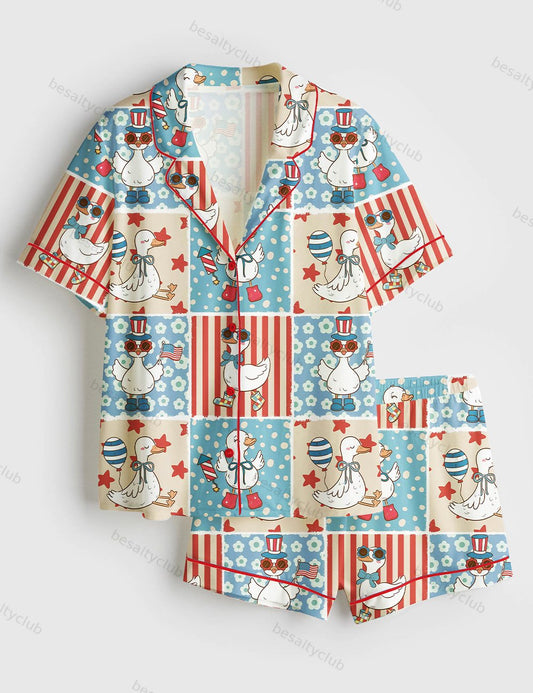 4th Of July Goose Patriotic Goose America Coquette Short Sleeve Satin Pajama Set