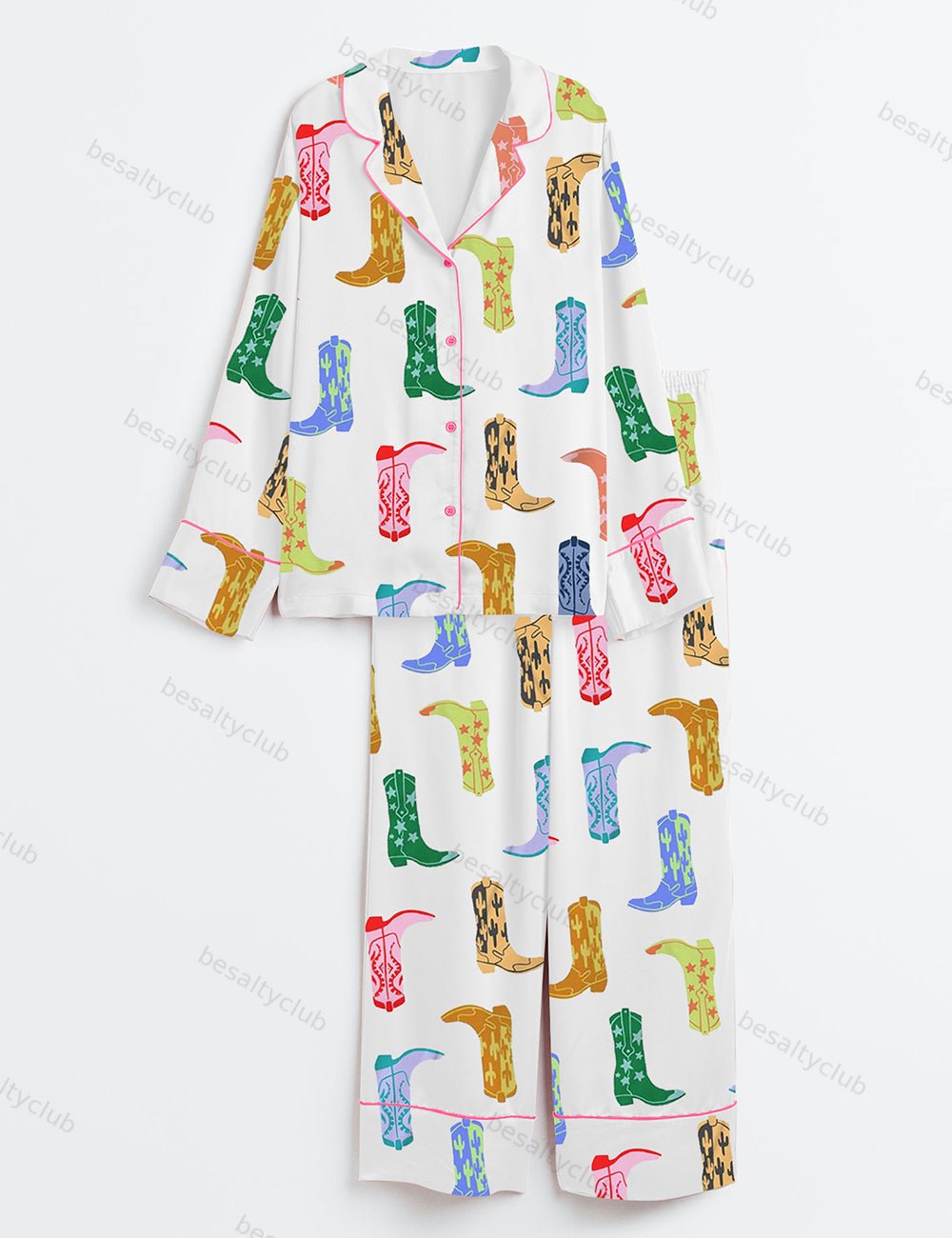 Colorful Cowboy Boot Long Sleeve Satin Pajama Set
